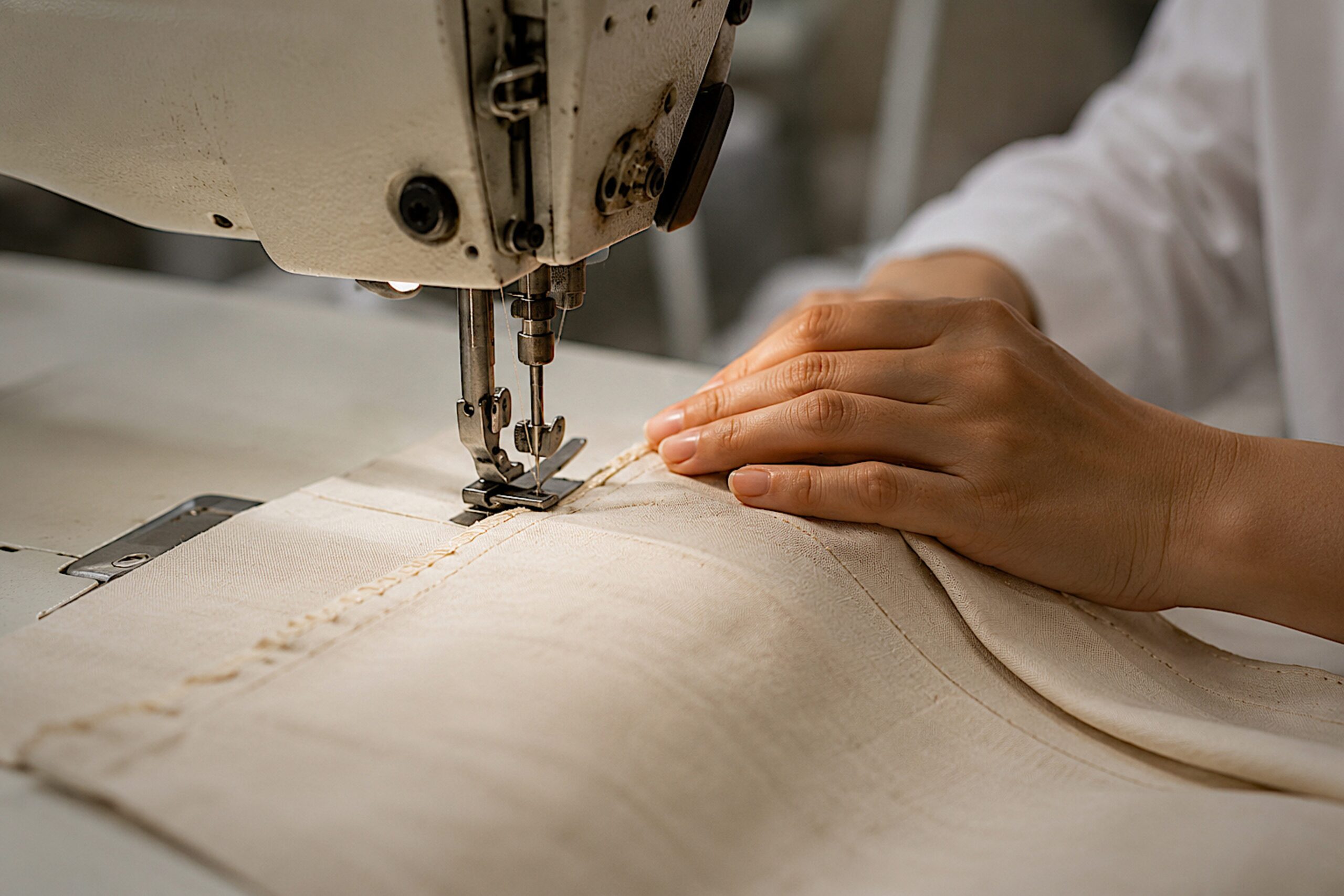 Hand-applied lace detail at the CHYMEOCHY atelier