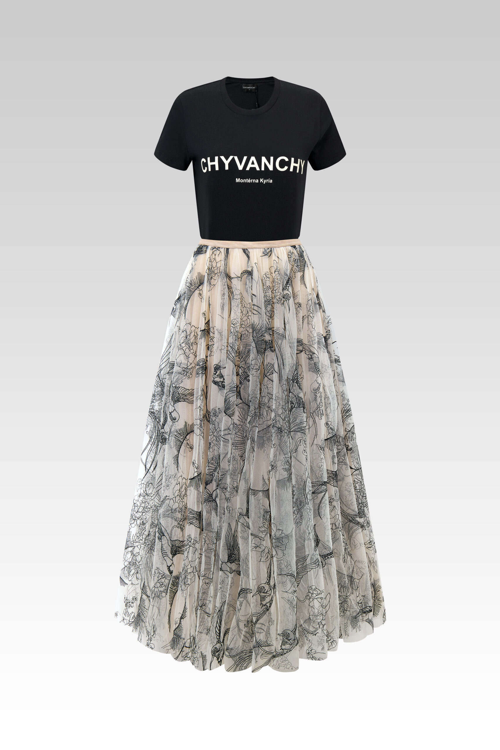 Crane Elegance Midi Skirt & Basic Black T-Shirt