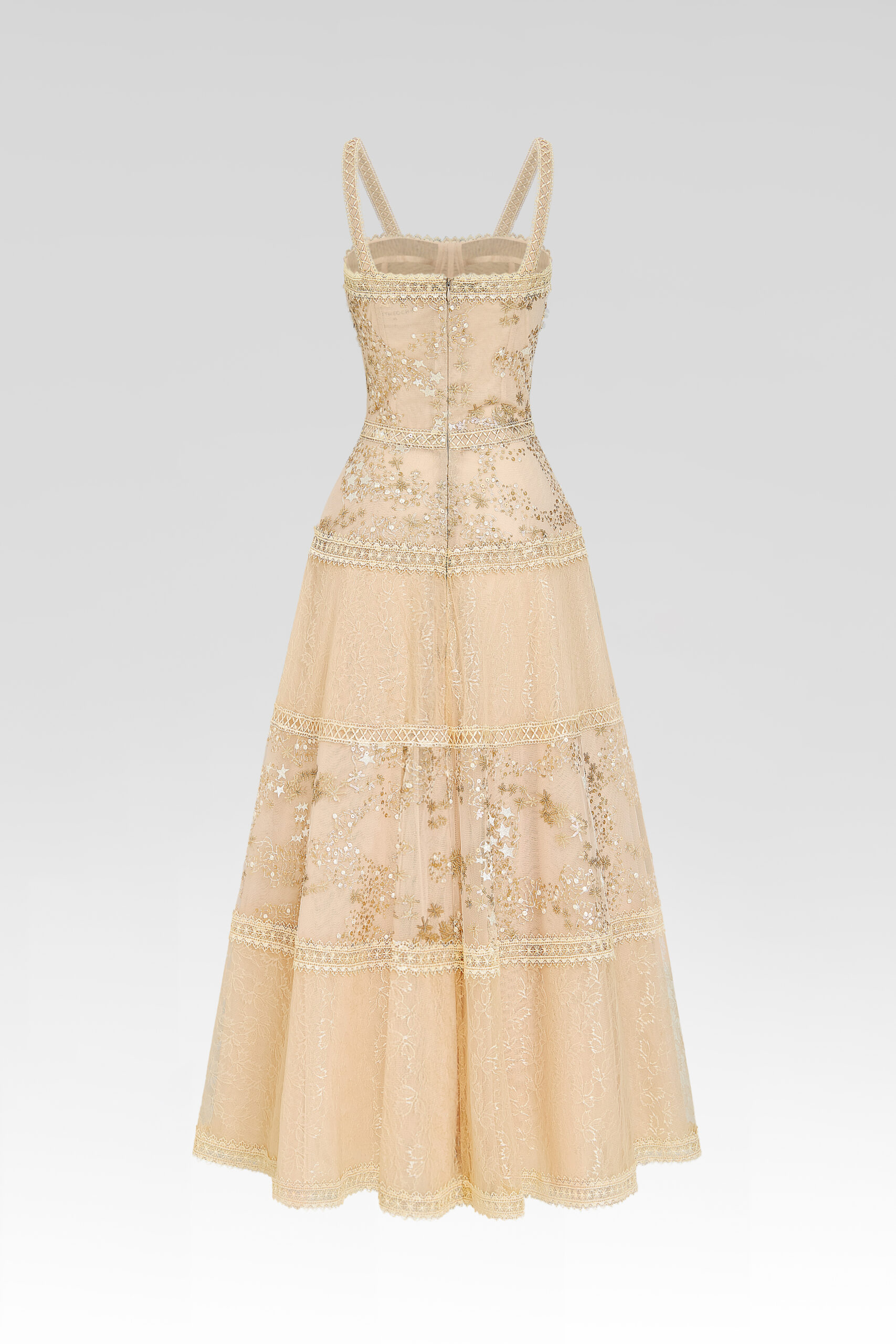 The Celestine Golden Lace Midi Dress