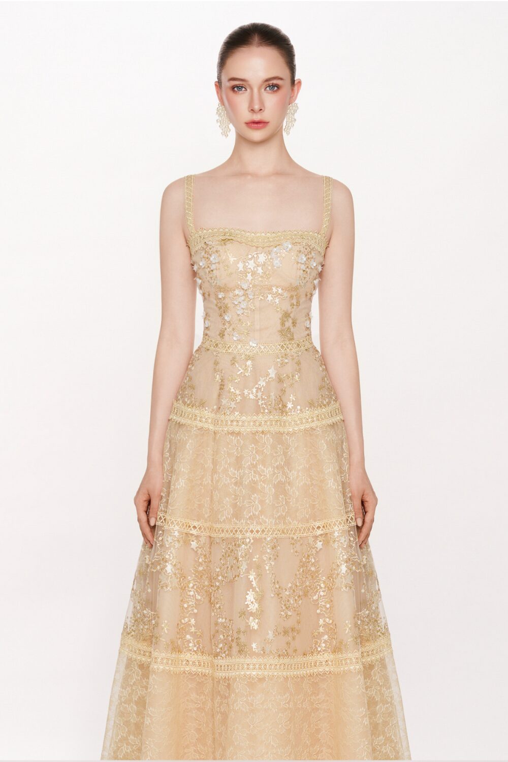 The Celestine Golden Lace Midi Dress