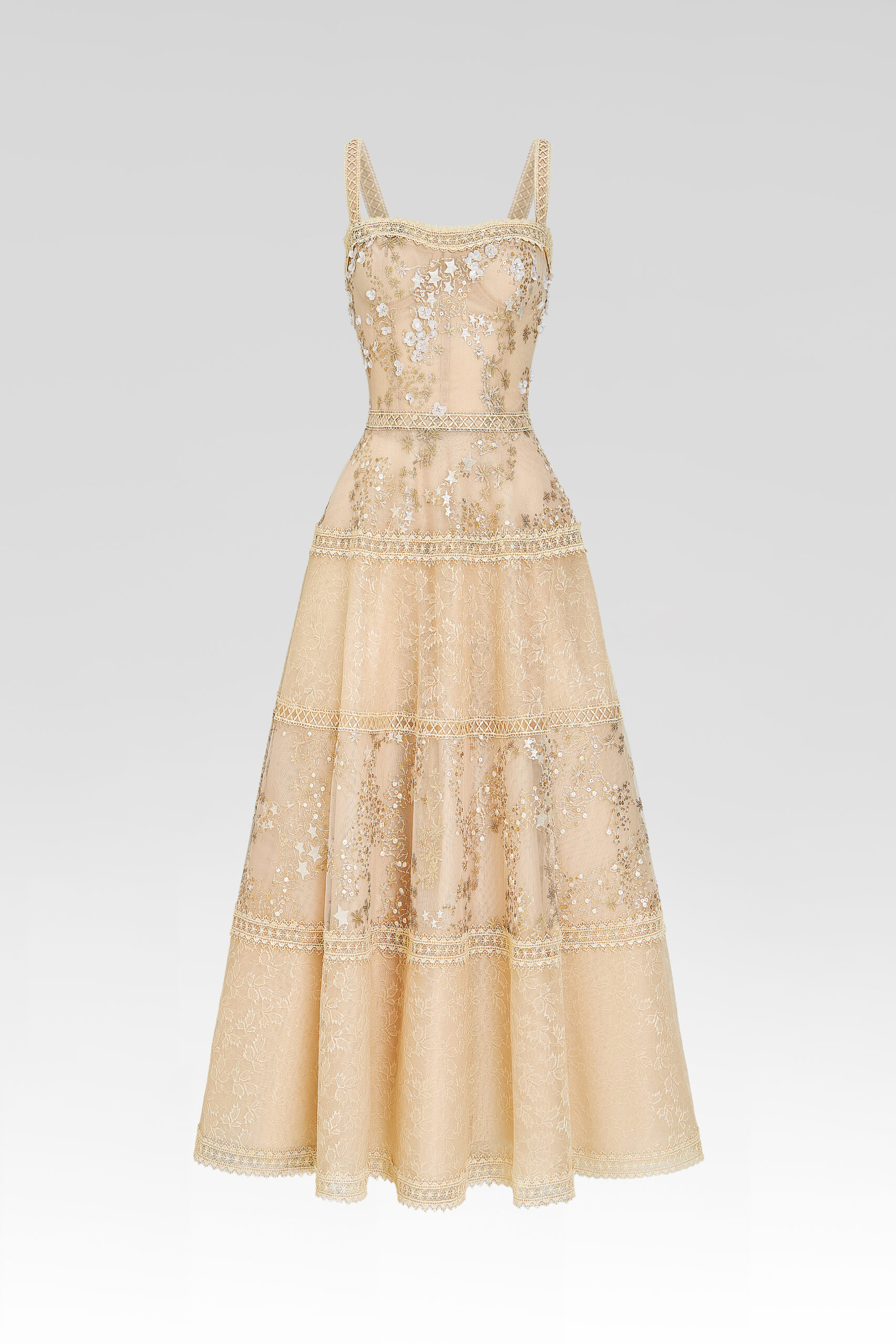 The Celestine Golden Lace Midi Dress