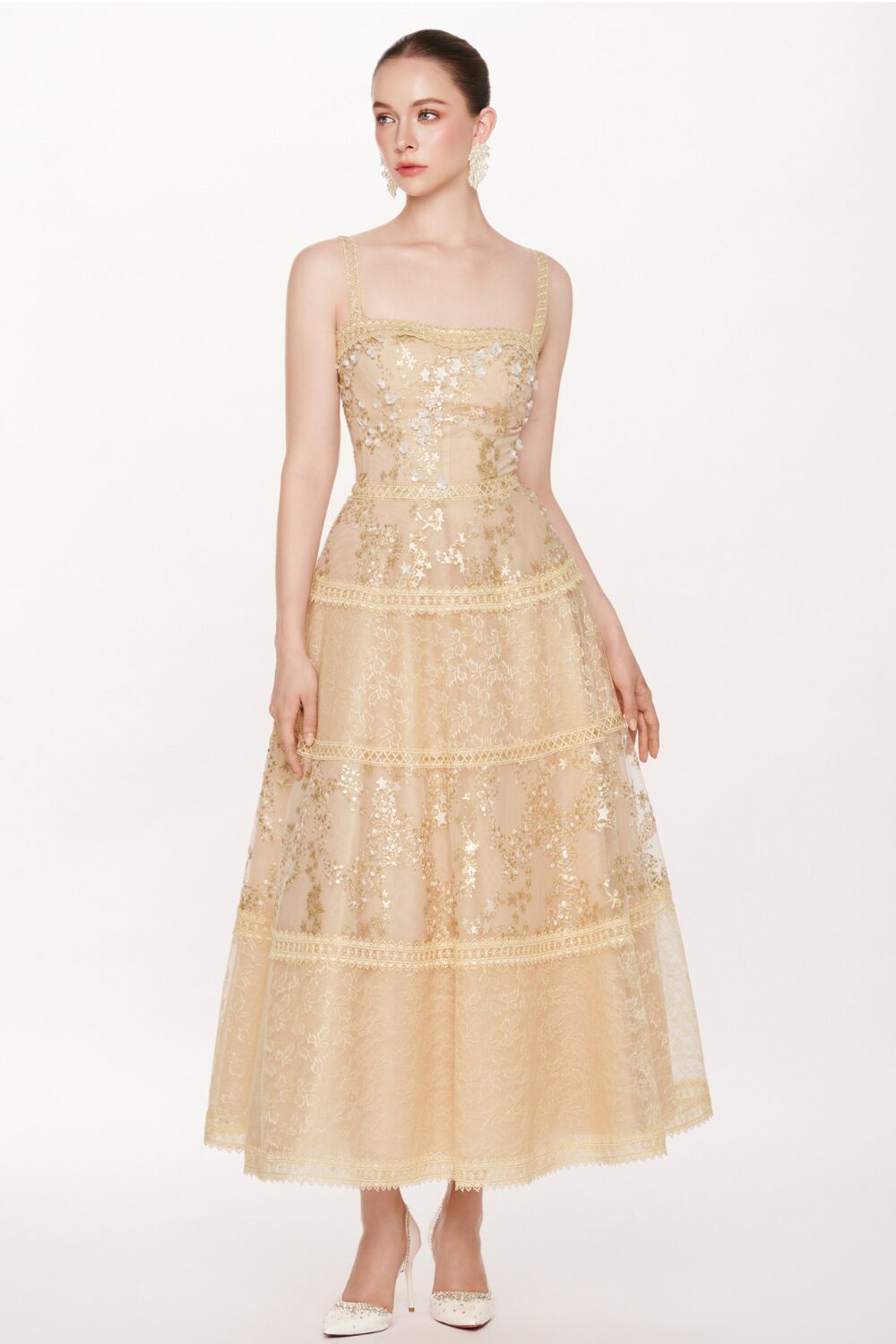 The Celestine Golden Lace Midi Dress