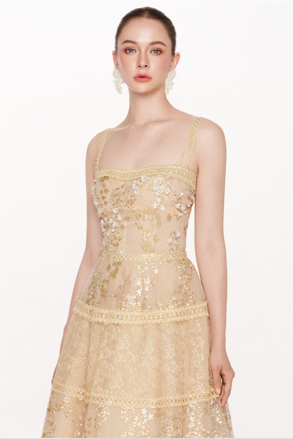 The Celestine Golden Lace Midi Dress
