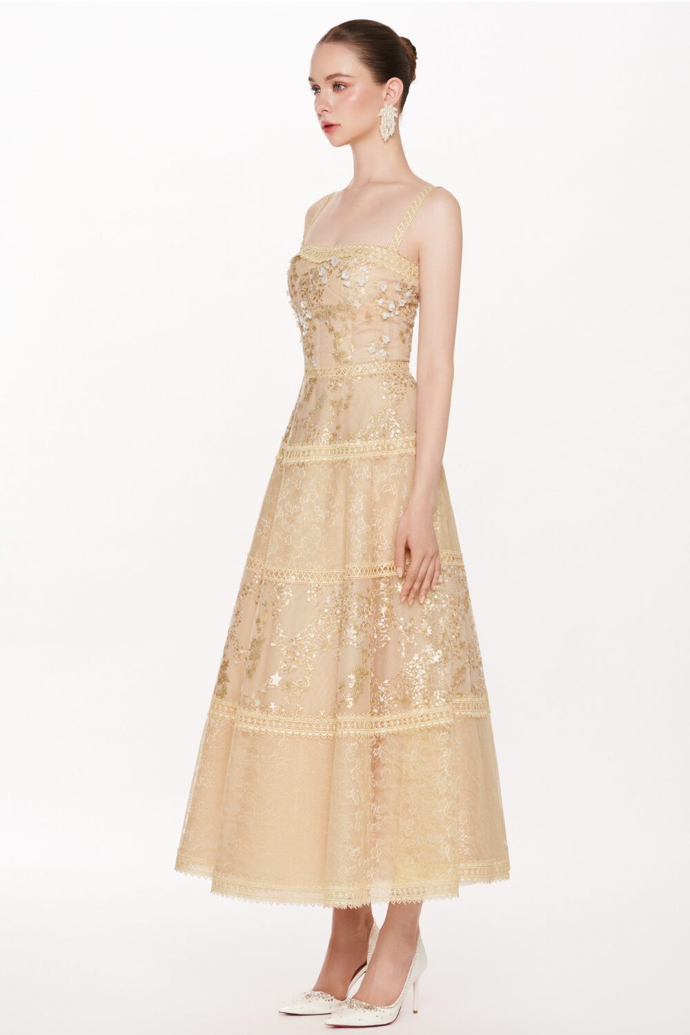The Celestine Golden Lace Midi Dress
